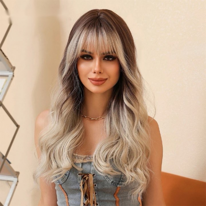 Peruca C1204 Blonda Satena Ombre cu Breton Blond Platinat Gri [2]