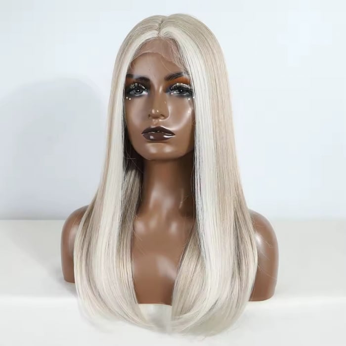Peruca C1557 FRONT LACE Blonda Gri Satena Blond Platinat cu Suvite Frontale + Baby Hair (dantela la baza) [4]