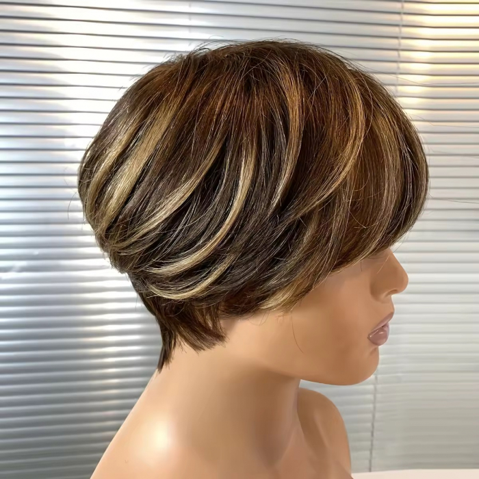 Peruca C1633 PAR NATURAL 100% Satena Scurta Castanie Cu Suvite Blonde [1]