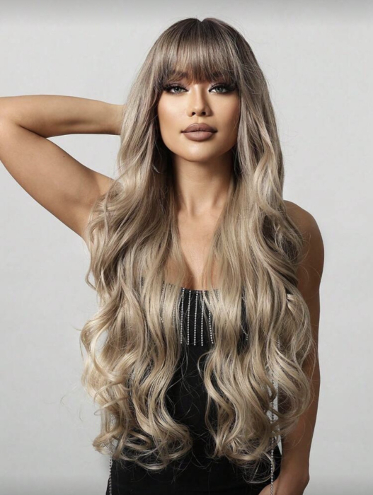 Peruca C1740 Blonda Ondulata Cu Breton Si Bucle Ombre - Blond Cenusiu [2]