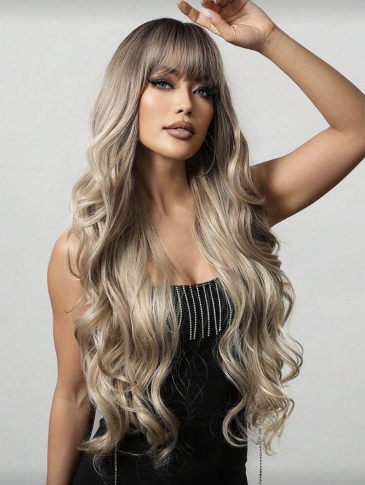 Peruca C1740 Blonda Ondulata Cu Breton Si Bucle Ombre - Blond Cenusiu [3]