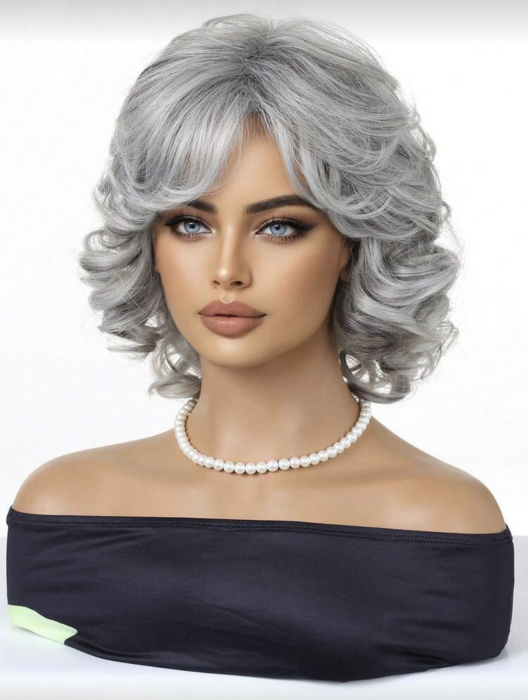 Peruca C1757 Gri Grizonata Cu Breton Si Suvite Blonde Ombre Ondulata [4]