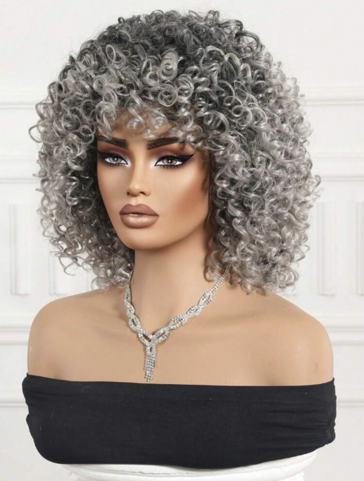 Peruca C60 Blonda Gri Afro cu Breton Par Cret [5]