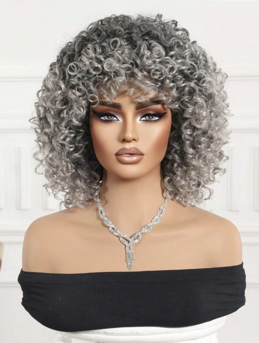Peruca C60 Blonda Gri Afro cu Breton Par Cret [3]
