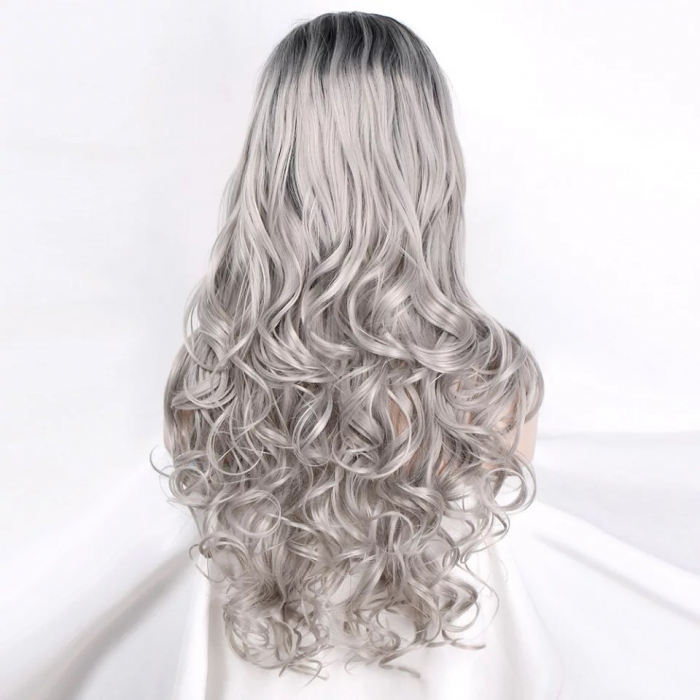 Peruca C260 FRONT LACE Blonda Baza Bruneta Gri Platinata Par Ondulat Volum [4]