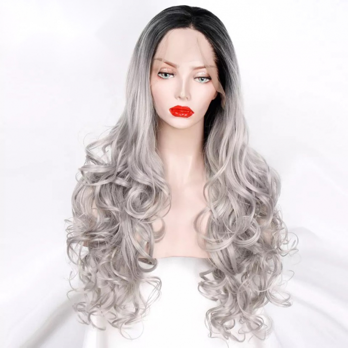 Peruca C260 FRONT LACE Blonda Baza Bruneta Gri Platinata Par Ondulat Volum [1]