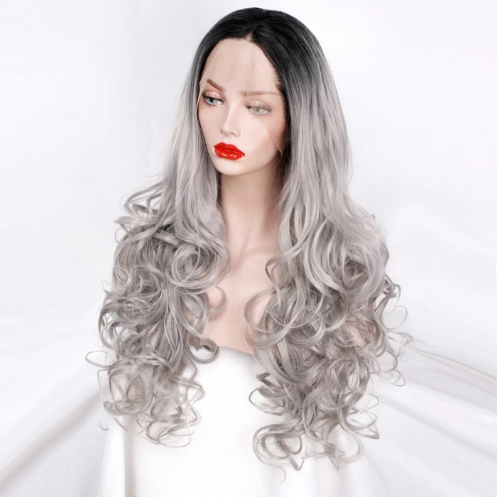 Peruca C260 FRONT LACE Blonda Baza Bruneta Gri Platinata Par Ondulat Volum [2]