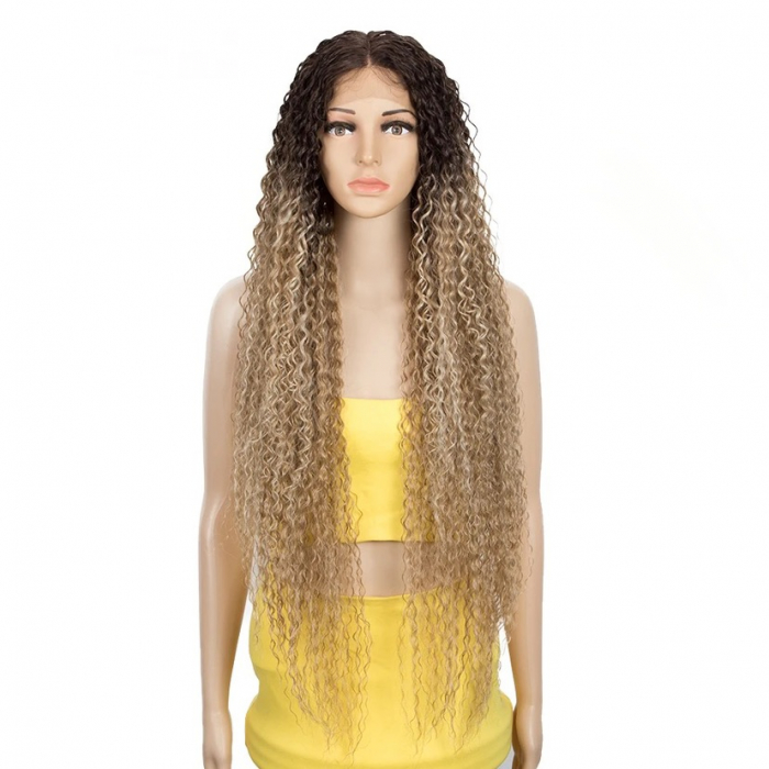 Peruca C888 FRONT LACE Blonda Baza Satena Ombre Blond Cenusiu Afro Creata Cu Volum [2]
