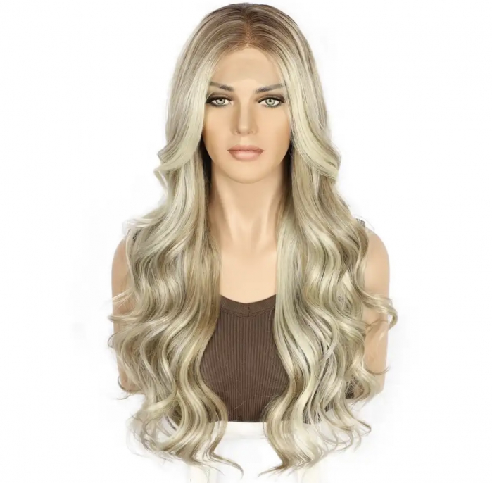 Peruca C938 FRONT LACE Blonda Baza Saten Deschis cu Suvite Blond Platinat [1]