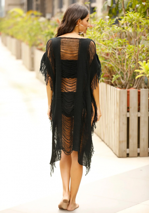 Rochie C795 Plaja Franjuri Crosetata Boho Tiffany Black [5]