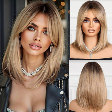 PERUCI CU PAR SCURT - Peruca C1718 Blonda Baza Satena Ombre Cu Breton Lung Bob