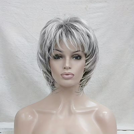 PERUCI CU PAR SCURT - Peruca C1763 Blond Gri Cu Breton si Suvite Par Filat in Scari