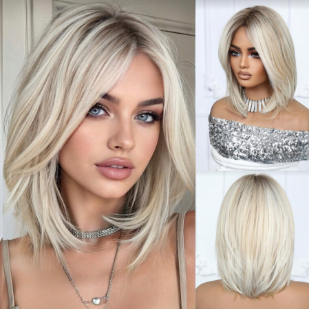 PERUCI CU PAR SCURT - Peruca C1704 Blonda Satena Cu Suvite Bob Lung - blond platinat