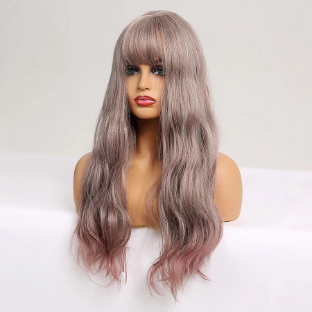Peruca C235 Gri Blond Platinat Cu Breton Si Varfuri Roz [1]
