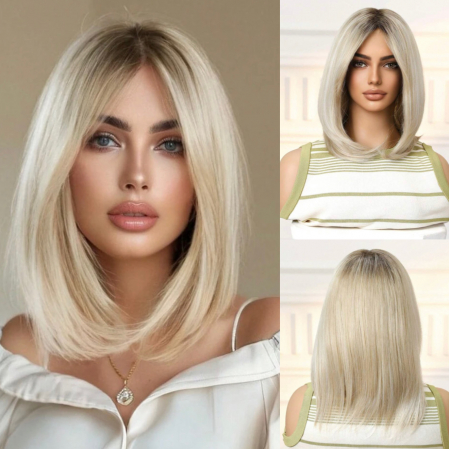 PERUCI - Peruca C1460 Gri Blonda Ombre Bob Lung Blond Platinat Cu Suvite