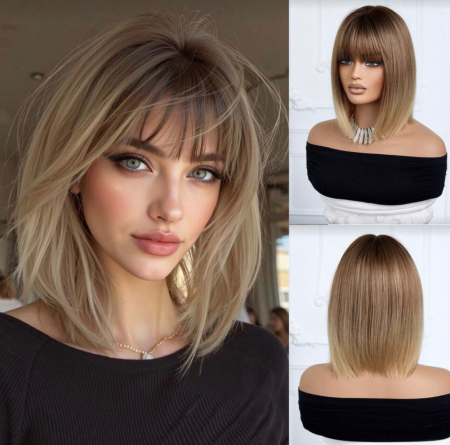 PERUCI CU PAR SCURT - Peruca C1752 Satena Cenusie Ombre Varfuri Blonde Cu Breton Bob