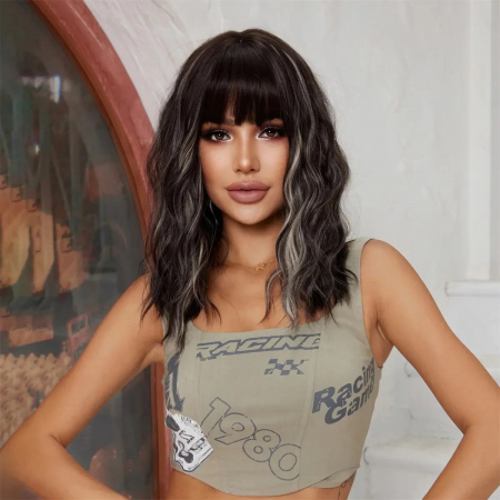 Peruca C1078 Bruneta Ondulata Bob Creata Cu Suvite Blonde [1]