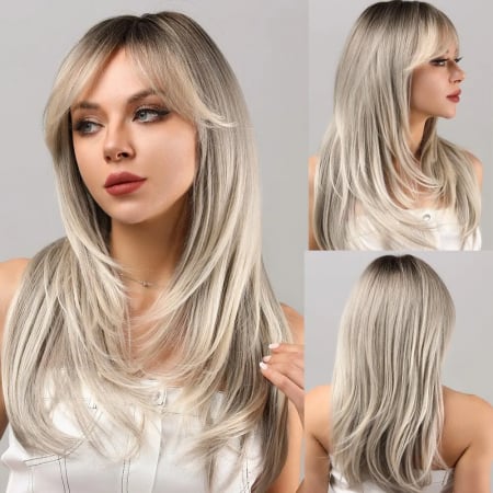 Peruca C973 Blonda Ombre Gri Cu Breton Lung Si Par Filat Platinata [3]