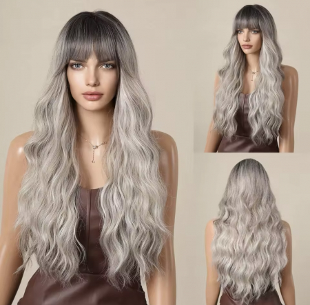 Peruca C1407 Blonda Cenusie Gri Ombre Cu Breton Par Cret [4]
