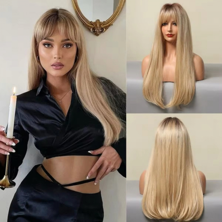 PERUCI - Peruca C1341 Blonda Ombre Cu Breton si Par Drept (blond auriu)