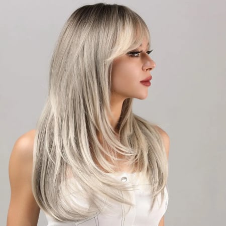 Peruca C973 Blonda Ombre Gri Cu Breton Lung Si Par Filat Platinata [1]