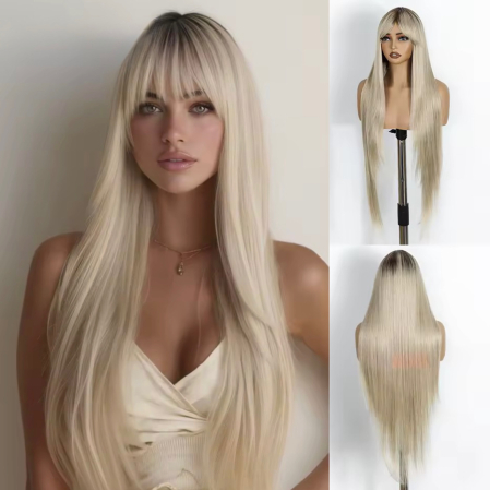 PERUCI - Peruca C1687 Blonda Gri Platinat Ombre Cu Breton Lung Baza Satena