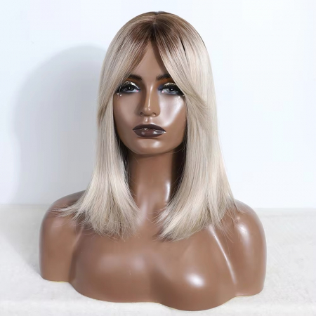 Peruca C1347 Blonda Ombre Blond Platinat Cu Breton Lung Baza Satena [2]