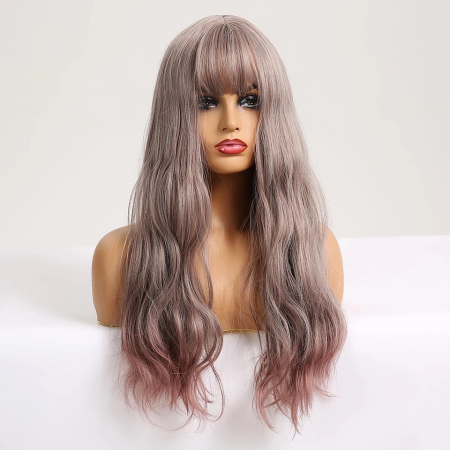 PERUCI - Peruca C235 Gri Blond Platinat Cu Breton Si Varfuri Roz