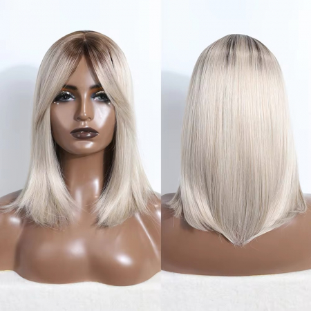 Peruca C1347 Blonda Ombre Blond Platinat Cu Breton Lung Baza Satena [4]
