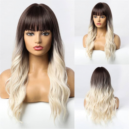 Peruca C1026 Blonda Ombre Baza Satena cu Breton si Par Cret [6]