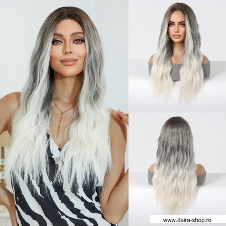 PERUCI CU PAR LUNG - Peruca C1033 Blonda Baza Satena Gri Ombre Ice