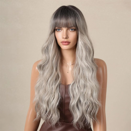Peruca C1407 Blonda Cenusie Gri Ombre Cu Breton Par Cret [1]