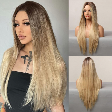 PERUCI CU PAR LUNG - Peruca C1038 Blonda Ombre Cu Baza Satena Blond Auriu