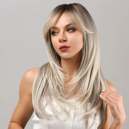 PERUCI CU PAR MEDIU - Peruca C973 Blonda Ombre Gri Cu Breton Lung Si Par Filat Platinata