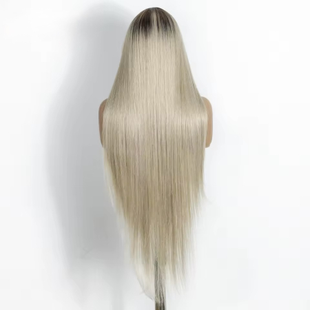 Peruca C1687 Blonda Gri Platinat Ombre Cu Breton Lung Baza Satena [3]