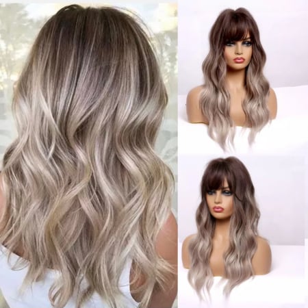 PERUCI - Peruca C33 Blonda Ombre Gri cu Breton si Par Ondulat