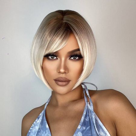 PERUCI CU PAR SCURT - Peruca C1010 Blonda Bob Ombre Scurta Gri Platinata cu Breton