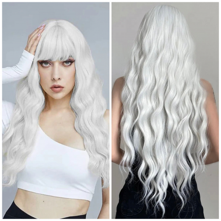 PERUCI CU PAR LUNG - Peruca C1013 Blonda Gri Blond Platinat cu Breton si Par Cret