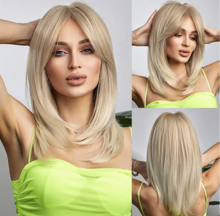 PERUCI CU PAR MEDIU - Peruca C43 Blonda Cenusie cu Breton si Par Filat