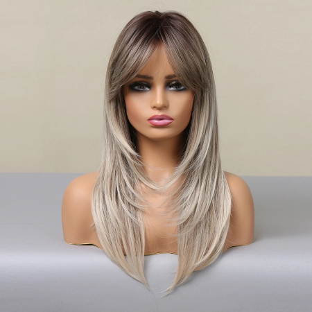 Peruca C866 Blonda Gri Cu Breton si Par Filat Platinata Silver Baza Satena [2]