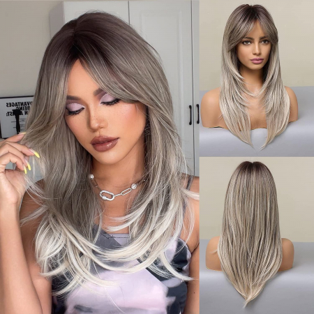 PERUCI CU PAR MEDIU - Peruca C866 Blonda Gri Cu Breton si Par Filat Platinata Silver Baza Satena