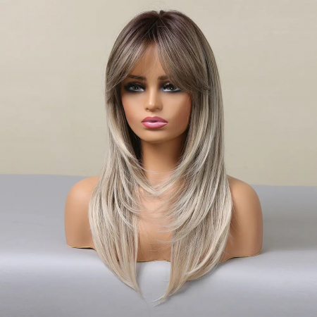 Peruca C866 Blonda Gri Cu Breton si Par Filat Platinata Silver Baza Satena [4]