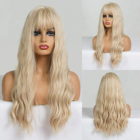 Peruca C133 Blonda Blond Platinat Cu Breton Si Par Ondulat [1]