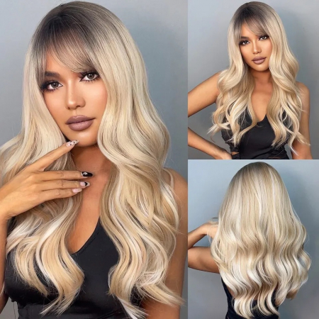 Peruca C426 Blonda Ombre Platinata Suvite Cu Breton Ondulata [2]
