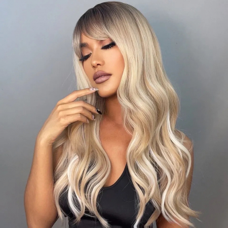 Peruca C426 Blonda Ombre Platinata Suvite Cu Breton Ondulata [1]