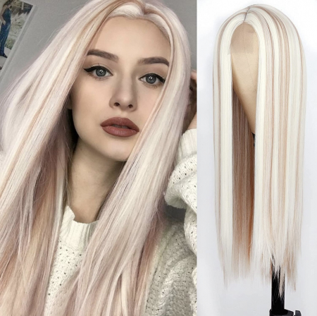 PERUCI CU PAR LUNG - Peruca C323 FRONT LACE Blonda Gri Suvite Blond Platinat