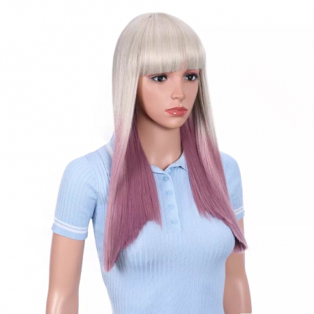 Peruca C109 Blonda Platinata Gri Cu Breton Si Varfuri Roz [1]