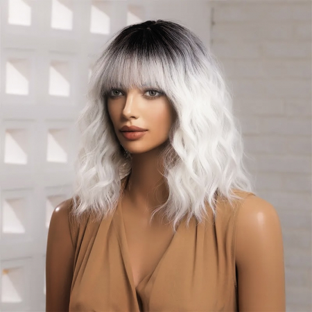 Peruca C1001 Blonda Baza Bruneta Gri Ombre Bob cu Breton si Par Cret [4]