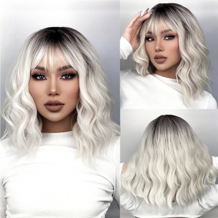 PERUCI CU PAR SCURT - Peruca C1001 Blonda Baza Bruneta Gri Ombre Bob cu Breton si Par Cret