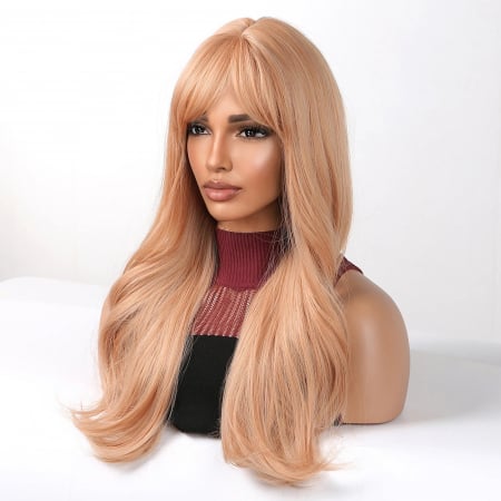 Peruca C1040 Blonda Roz Blond Roze Piersica Cu Breton Si Par Ondulat [2]